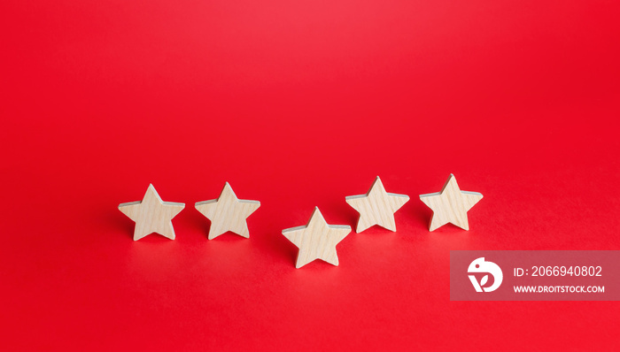 One of five stars comes out ahead. Best of the best. Rating evaluation concept. Service quality feedback. High satisfaction. Good reputation. Popularity of restaurants, hotels or mobile applications