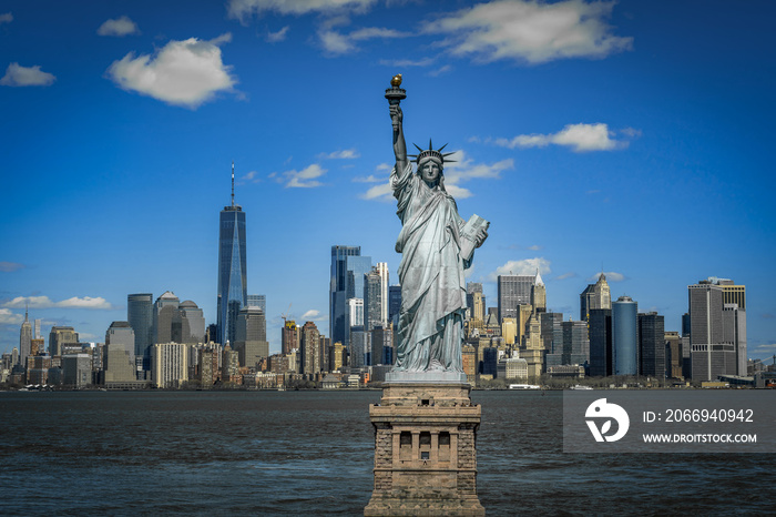 The Statue of Liberty over the Scene of New york cityscape river side which location is lower manhattan,Architecture and building with tourist concept