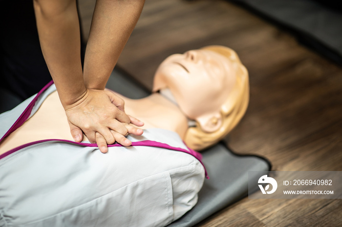 First Aids Emergency CPR training for rescue Heart Attack push hands on chest for sample and testing for right way to rescue,Selective Focus,Rescue Concept