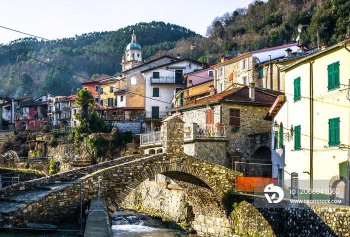 Roman ancient stone bridge in italian village, Pignone, La Spezia, Liguria