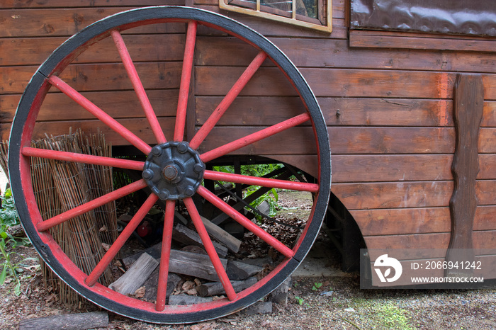 wheel on vintage wooden gypsy caravan