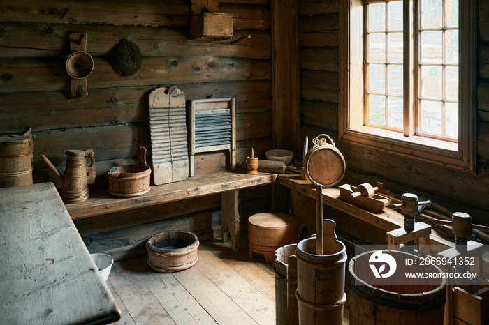 Traditional Norwegian kitchen tools in wood from a farmhouse in Valdres.