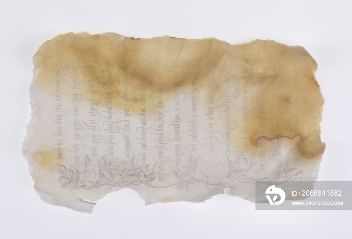 old torn ancient letter with text, vintage sheet of paper isolated on white background