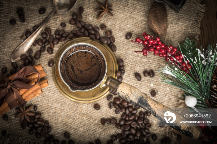 Turkish coffee in copper coffe pot