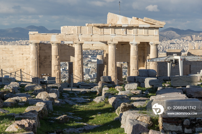 Monumental gateway Propylaea in the Acropolis of Athens, Greece