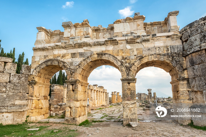 Facade of Domitian gates in antique city Hierapolis, Pamukkale, Turkey