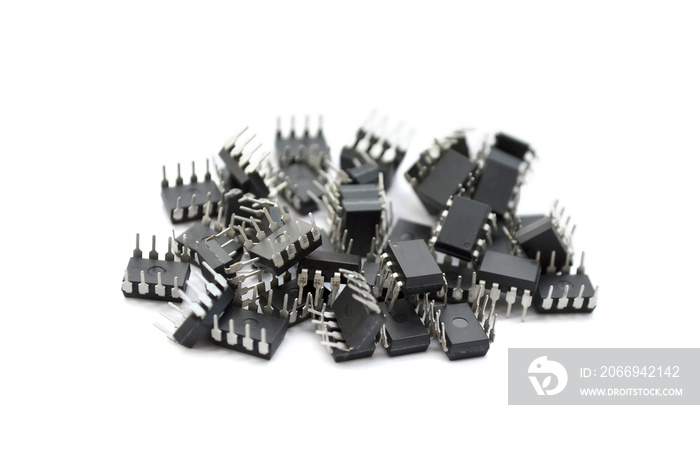 Group of electronic microchip isolated on a white background. Electronic components close-up, selective focus