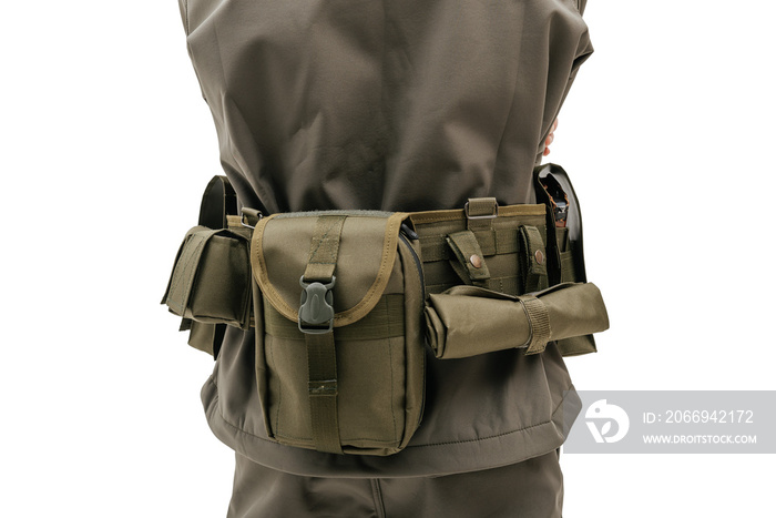 tactical military belt with basic setup items on white background isolated worn on man back photo