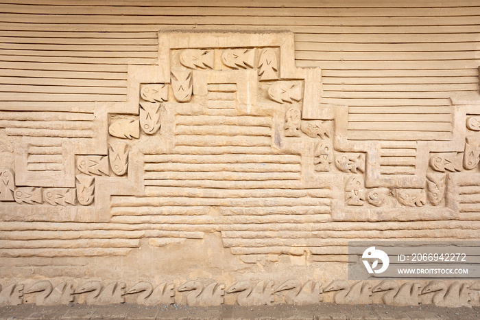 Detail of friezes depicting fishes and pelicans in Tschudi Palace, Chan Chan, Trujillo, Peru