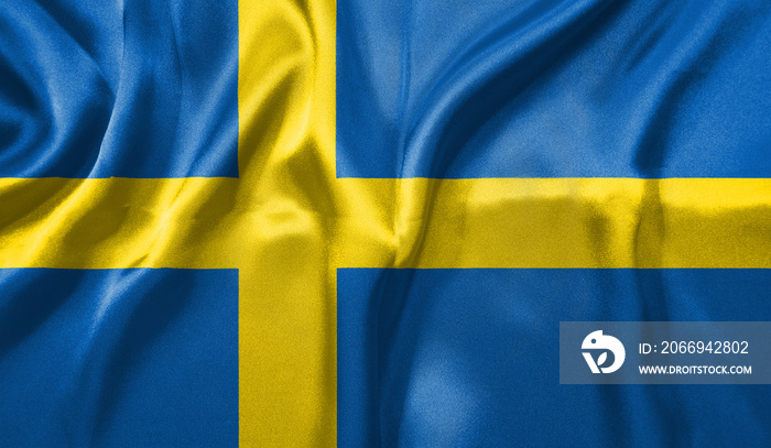 Sweden flag wave close up. Full page Sweden flying flag. Highly detailed realistic 3D rendering