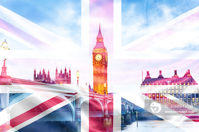 brexit concept - double exposure of UK landmarks and flag