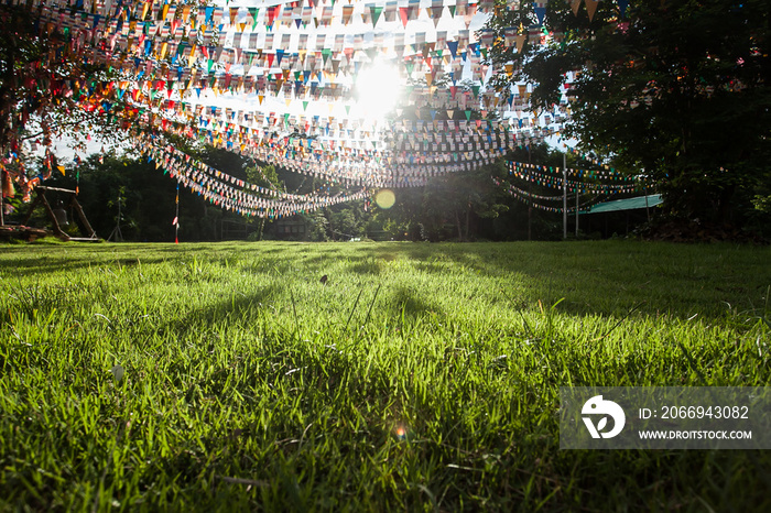 Colorful flags in garden