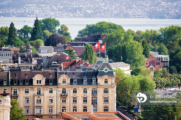 Rooftops view on Zurich city center, Switzerland. Seen from Lindenhof hill