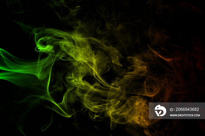 abstract background smoke curves and wave reggae colors green, yellow, red colored in flag of reggae music