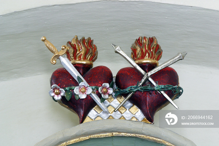 Sacred Heart of Jesus and Heart of Mary, a statue on the altar of Our Lady of Sorrows in the parish church of St. Peter in Sveti Petar Mreznicki, Croatia