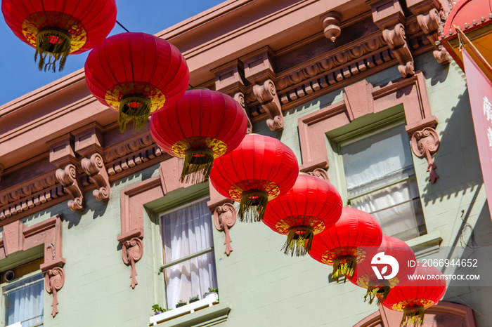 Chinese lanterns on  the street of Chinatown in San Francisco.