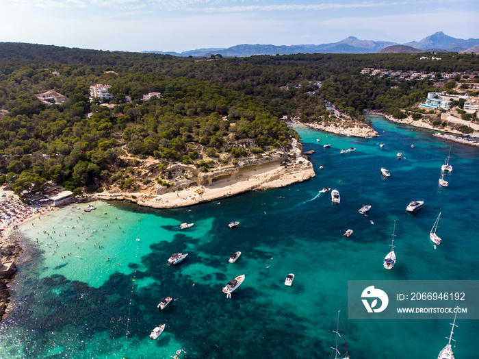 Aerial view, view over the Five Fingers Bay of Portals Vells, Mallorca, Balearic Islands, Spain