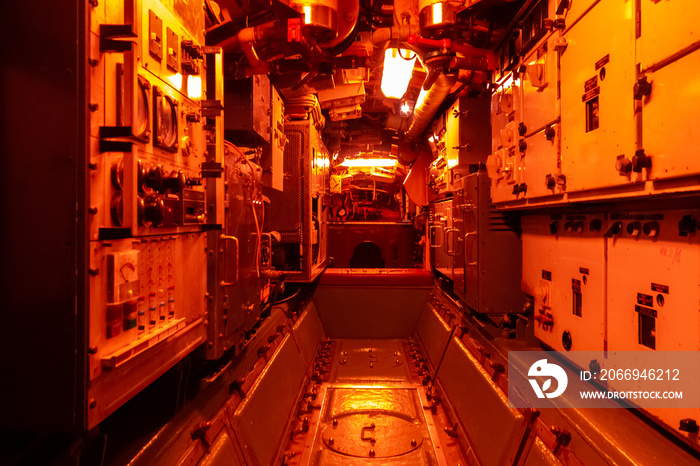 Interior of combat submarine compartment with devices of control