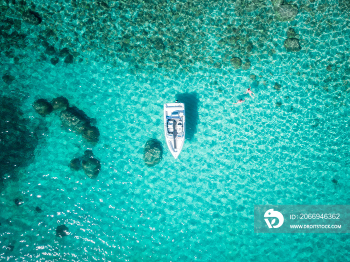 Aerial of boat in Emerald Bay, Lake Tahoe, Nevada