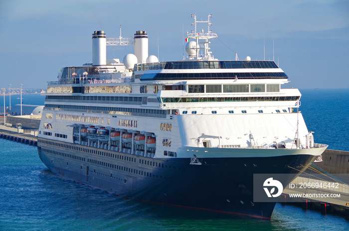 Classic Holland America Line cruiseship or cruise ship liner in port of Civitavecchia, gateway to Rome in Italy in summer during Mediterranean cruising