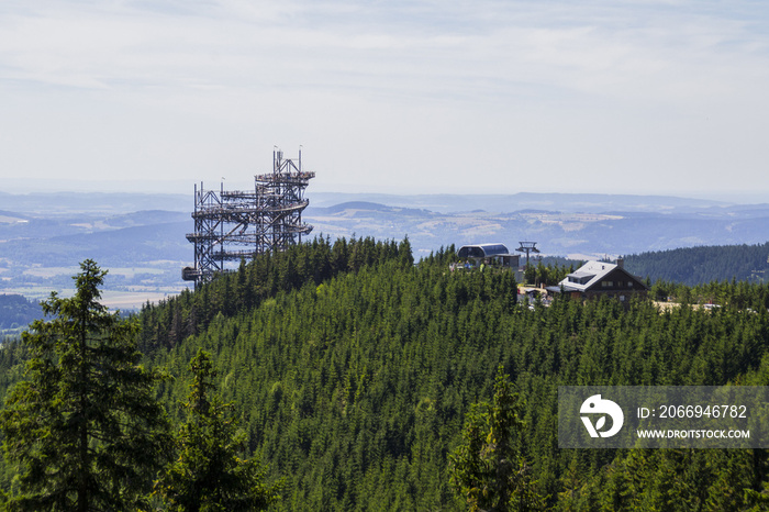 Tourism Czech Republic. Scenic panorama landscape view of The Sky Walk observatory on the top of Ski Area resort at Dolni Morava. Popular summer family fun attraction/destination in the mountains.