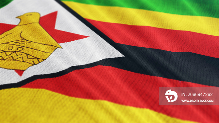 Zimbabwe flag is waving 3D illustration. Symbol of Zimbabwe national on fabric cloth 3D rendering in full perspective.