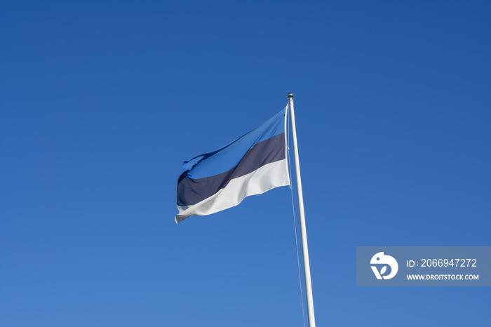 Estonian flag on white poll waving in wind. Flag of Estonia with blue sky background