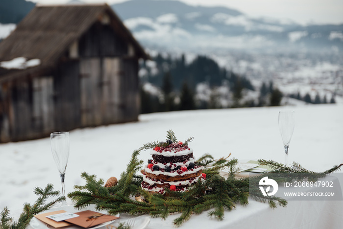 Rustic wedding in winter. cake