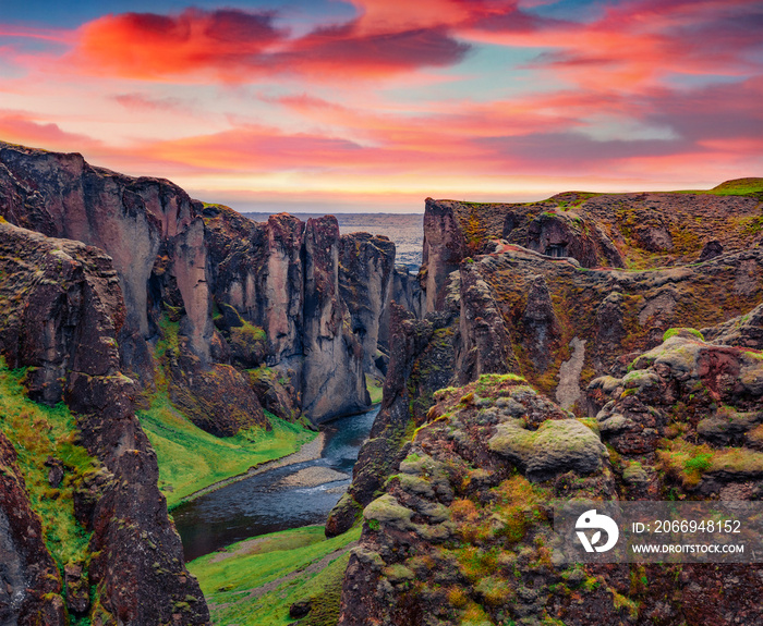 Sunrise on Fjadrargljufur canyon and river. Breathtaking summer scene of South east Iceland, Europe. Beauty of nature concept background.