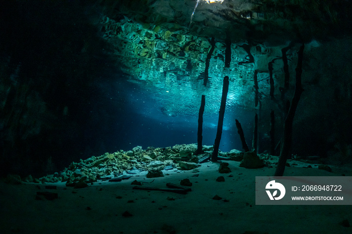 cave diver instructor leading a group of divers in a mexican cenote underwater