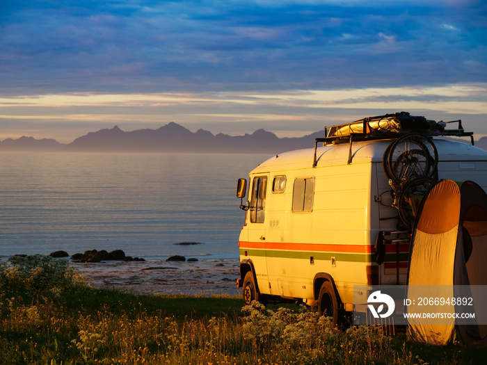 Camper car on beach, Lofoten islands, Norway