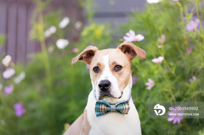 Young Short Haired Tan and White Dog Sitting in Flowers Wearing Bow Tie