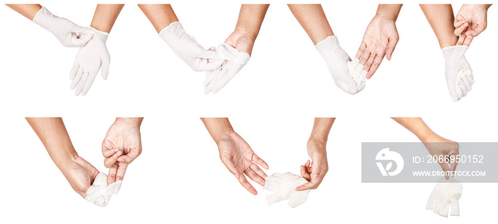 Step of hand throwing away white disposable gloves medical.