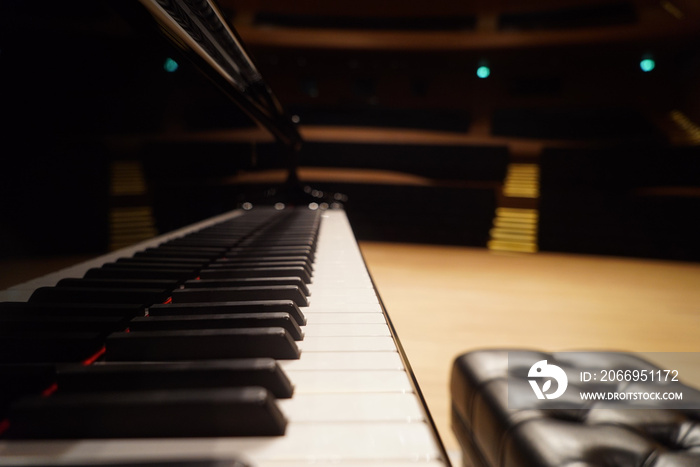 Grand Piano and seat in Concert Hall, close-up.