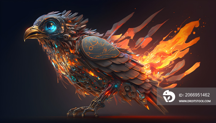 robot bird on fire, bird in the form of a fiery robot, the future of animal robots