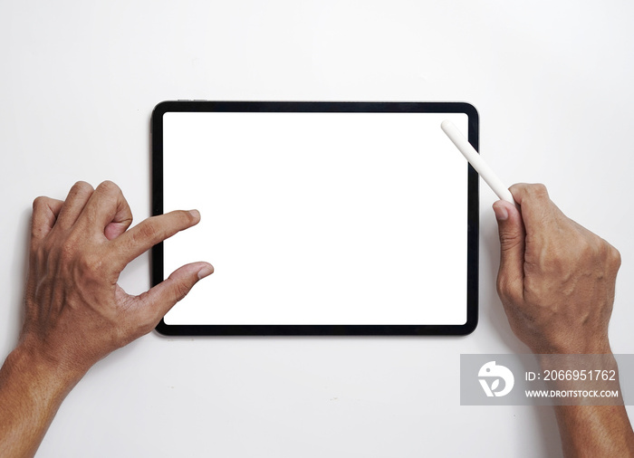 hand holding tablet and pen mockup