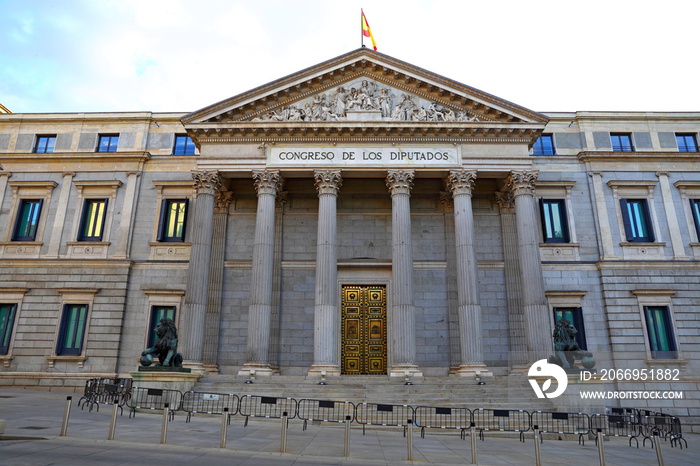 Front view of Palacio de las Cortes or Congreso de los Diputados (Congress of Deputies) building in Madrid, Spain