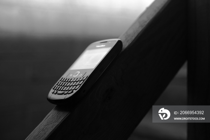 Close-up of Blackberry on wooden railing