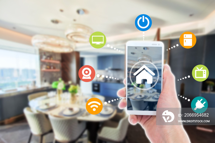 Smart home automation app on mobile with home interior in background. Internet of things concept at home.