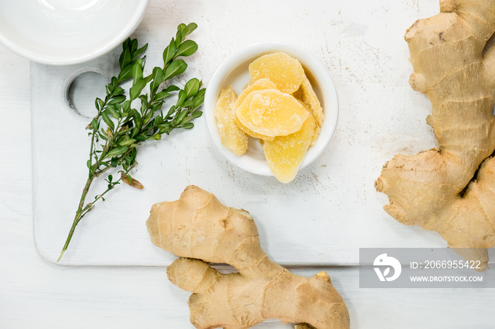 Ginger lemongrass tea on white background, top view