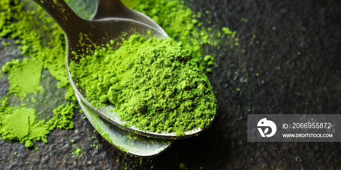 matcha - green tea powder, food supplement, menu concept. food background. copy space