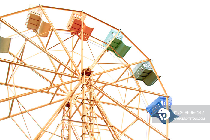 Ferris wheel with colorful seats, yellow steel frame, set in the park for children to play and relax on a white background.