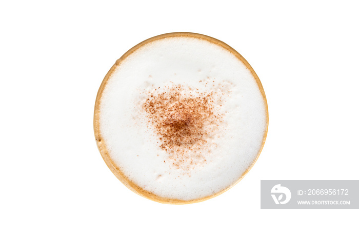 Top view of cappuccino milk foam topped with cocoa power isolated on white background. (Clipping path inside)