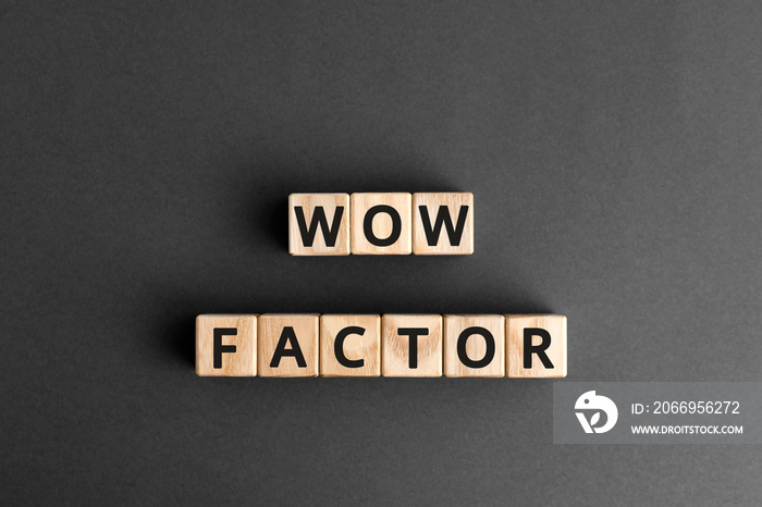 Wow factor - words from wooden blocks with letters, extremely impressive or attractive, wow factor concept, gray background