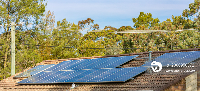 View of rooftop solar power panels for clean, free and renewable energy supply in Australian homes