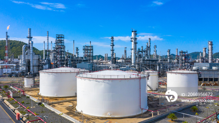 Oil​ refinery​ and​ petrochemical​ plant industrial, Aerial view oil and gas refinery at day.