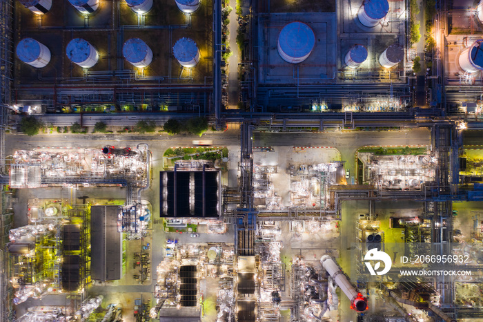 Aerial view oil and gas industrial, Refinery factory oil storage tank and pipeline steel