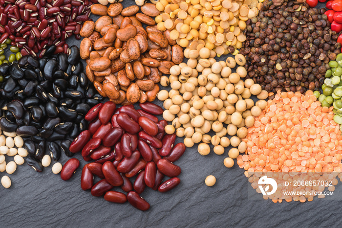 Different dry legumes for healthy, Top view multicolor dried bean on table top