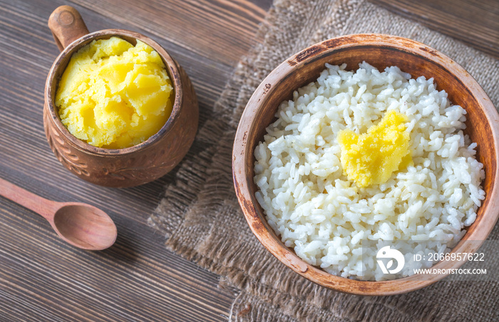 Bowls of rice and Ghee clarified butter