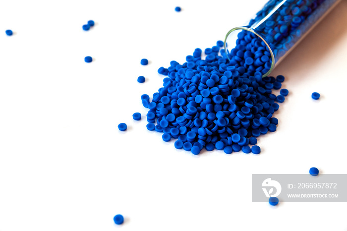 Close-up of plastic polymer granules, polymer plastic, polymer pallet, Plastic ball.